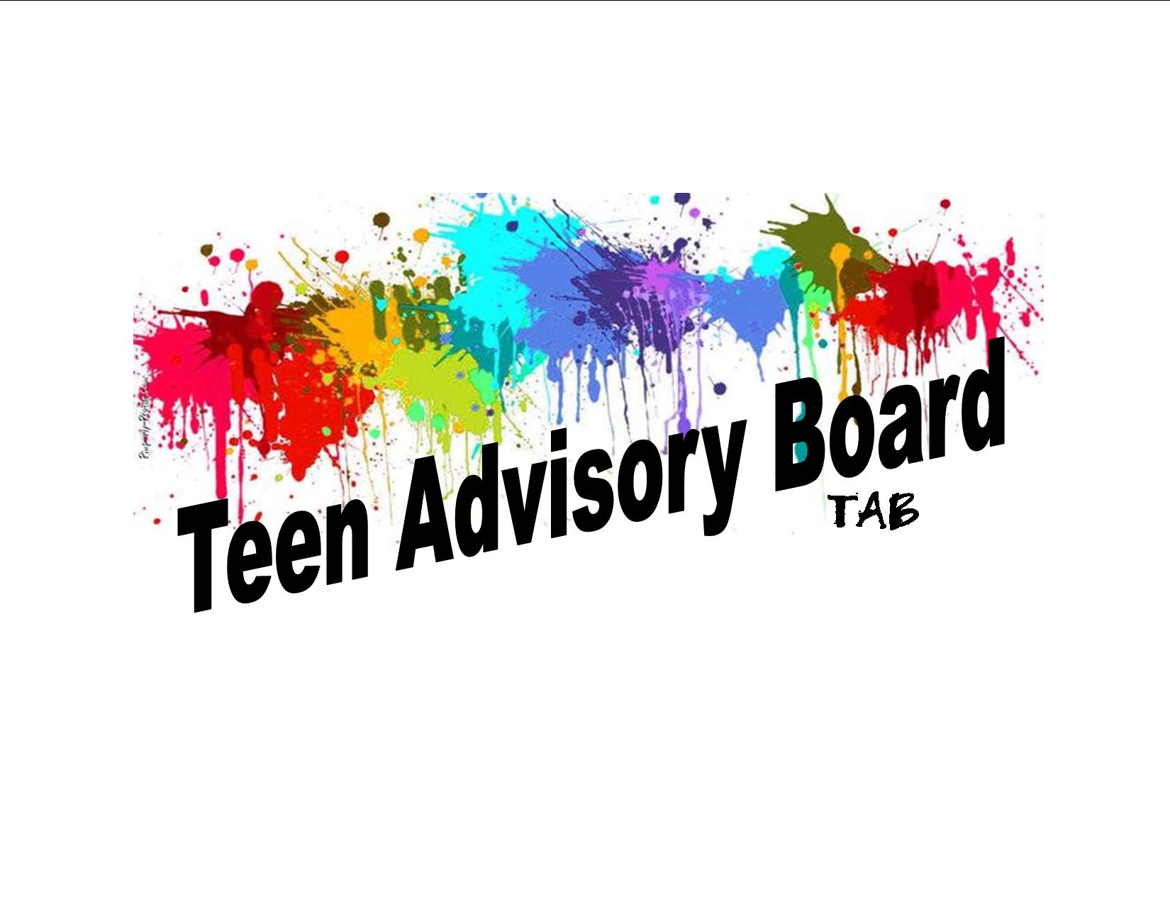 rainbow colored paint splatters with Teen Advisory Board TAB