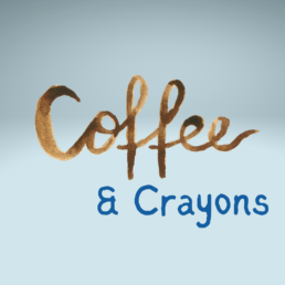 coffee & crayons written on blue background