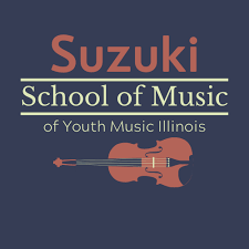 blue background with violin suzuki school of music