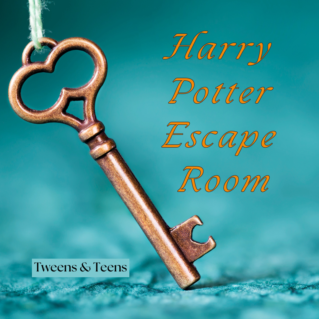 teal background with old gold key Harry Potter Escape Room