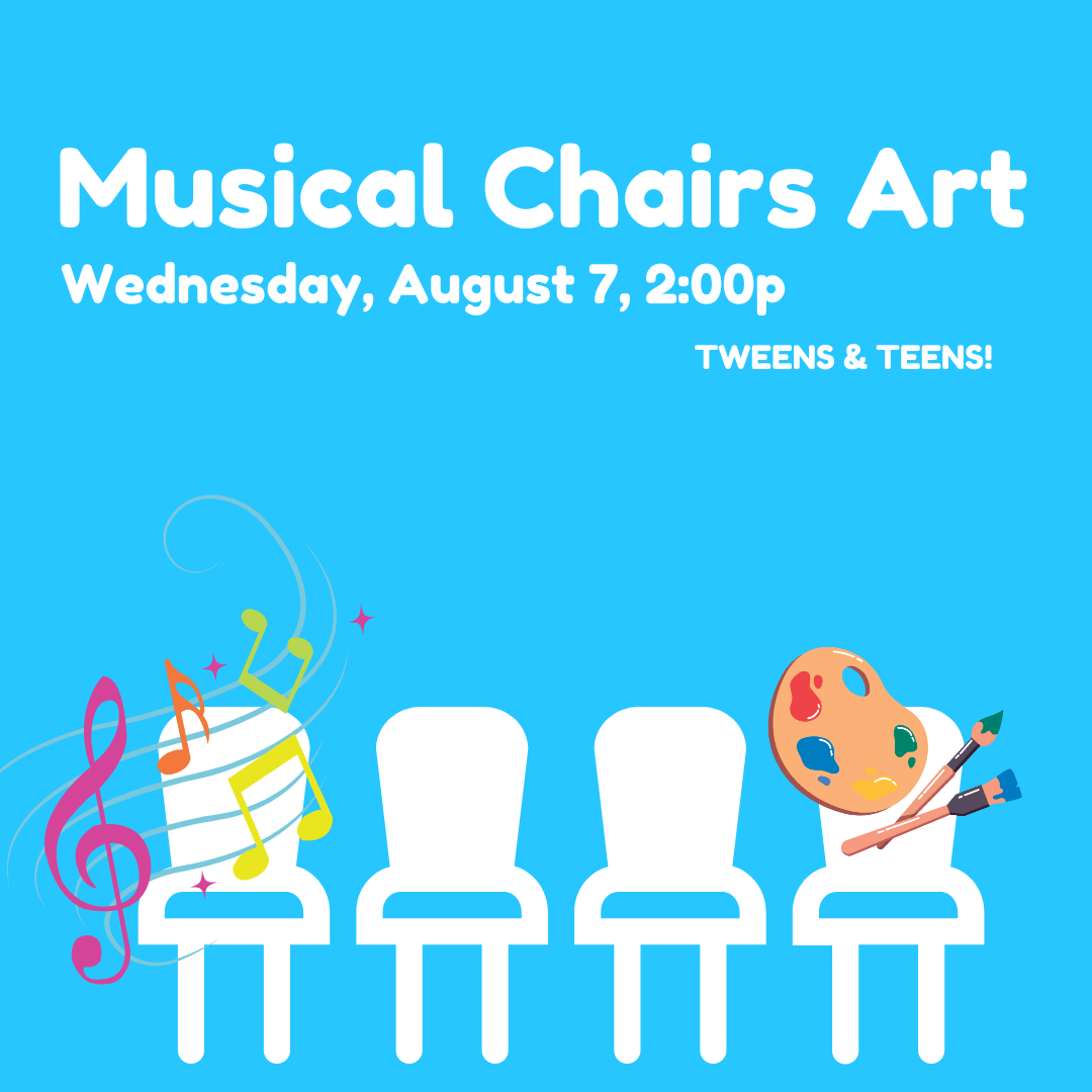 Musical Chairs Art aqua background, chairs, musical notes and artist's palette